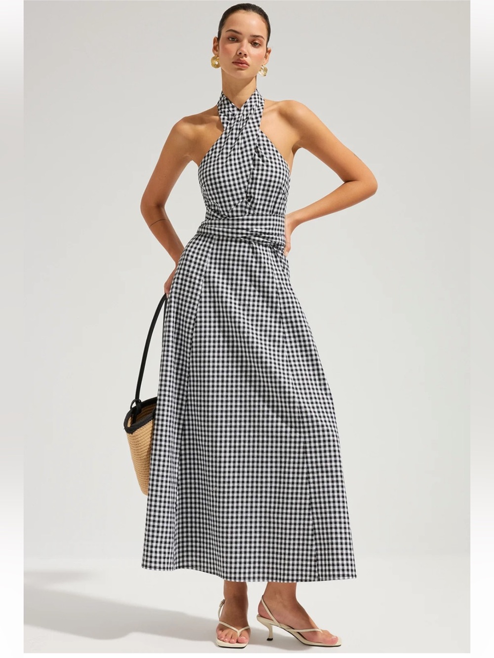 NWT Commense Gingham Halter Cotton Maxi Dress